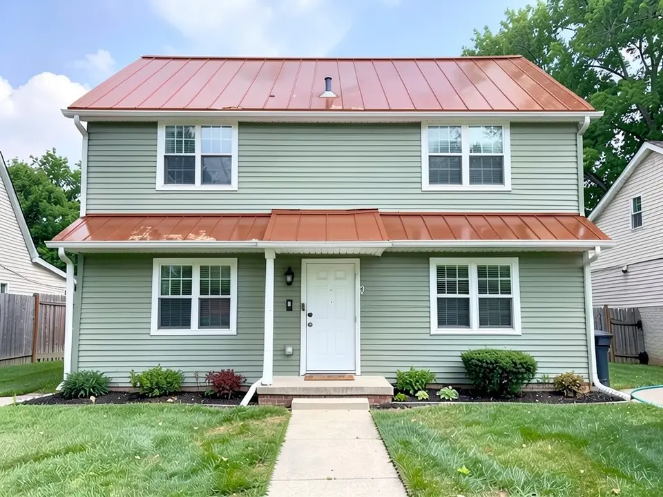 The same house with a bright copper-orange standing seam metal roof; siding, trim and door kept
