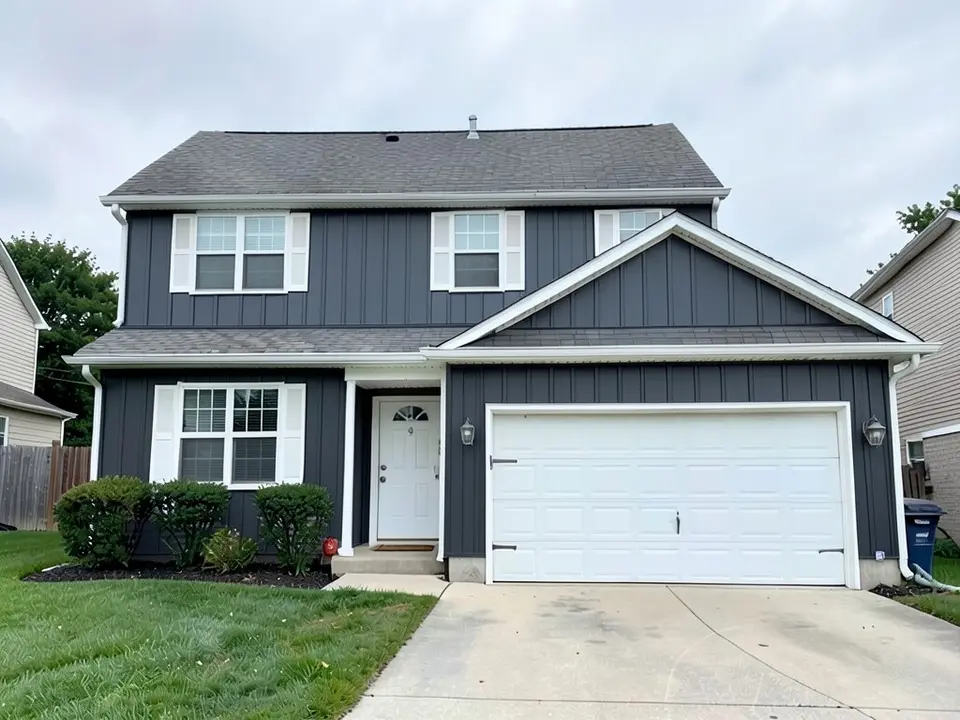 The same house with dark charcoal vertical ribbed panels on every wall including the garage wall; the white trim, white shutters, doors and gray roof kept