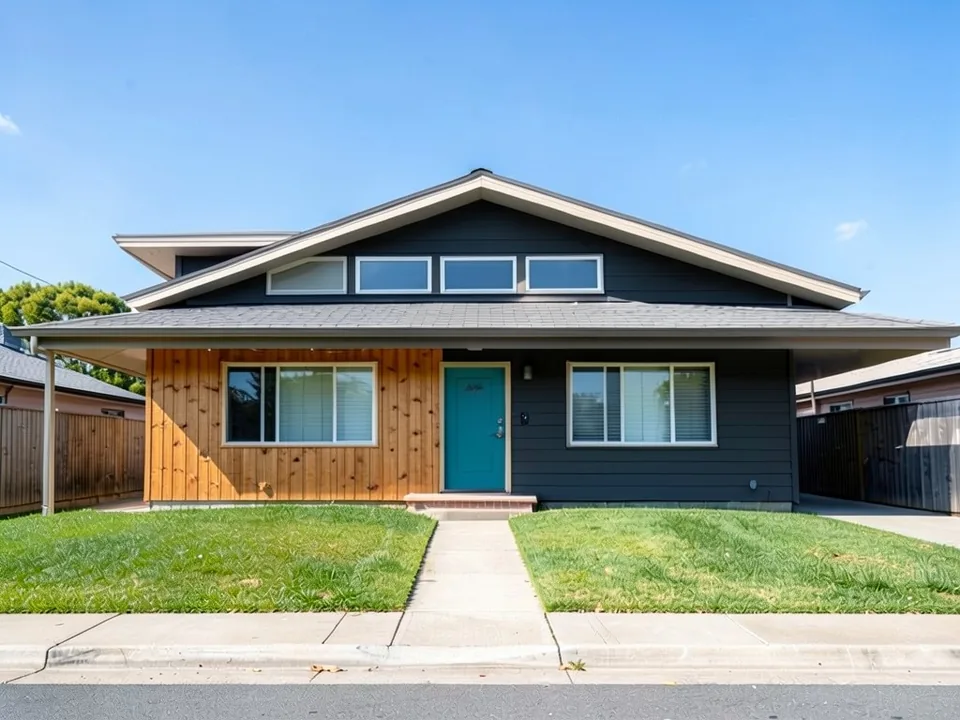 The same house with charcoal siding, a natural wood vertical board section beside the door and a teal front door; roof and windows kept