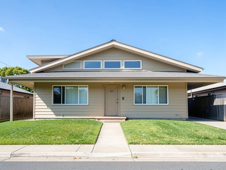 AI-drawn generic stand-in of a single-story mid century ranch with a low roof, wide eaves, clerestory windows, plain beige siding, a beige front door and a carport