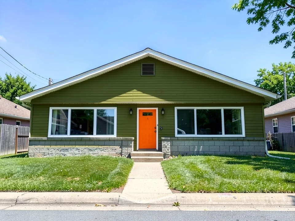 The same house with olive green siding, white trim and a bright orange front door; stone base, roof and windows kept