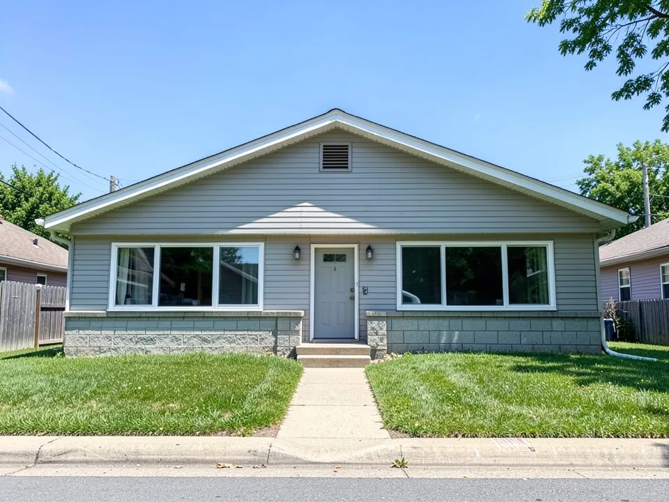 AI-drawn generic stand-in of a single-story 1950s ranch with a low gable roof, long horizontal windows, light gray siding, a light gray front door and a stone base