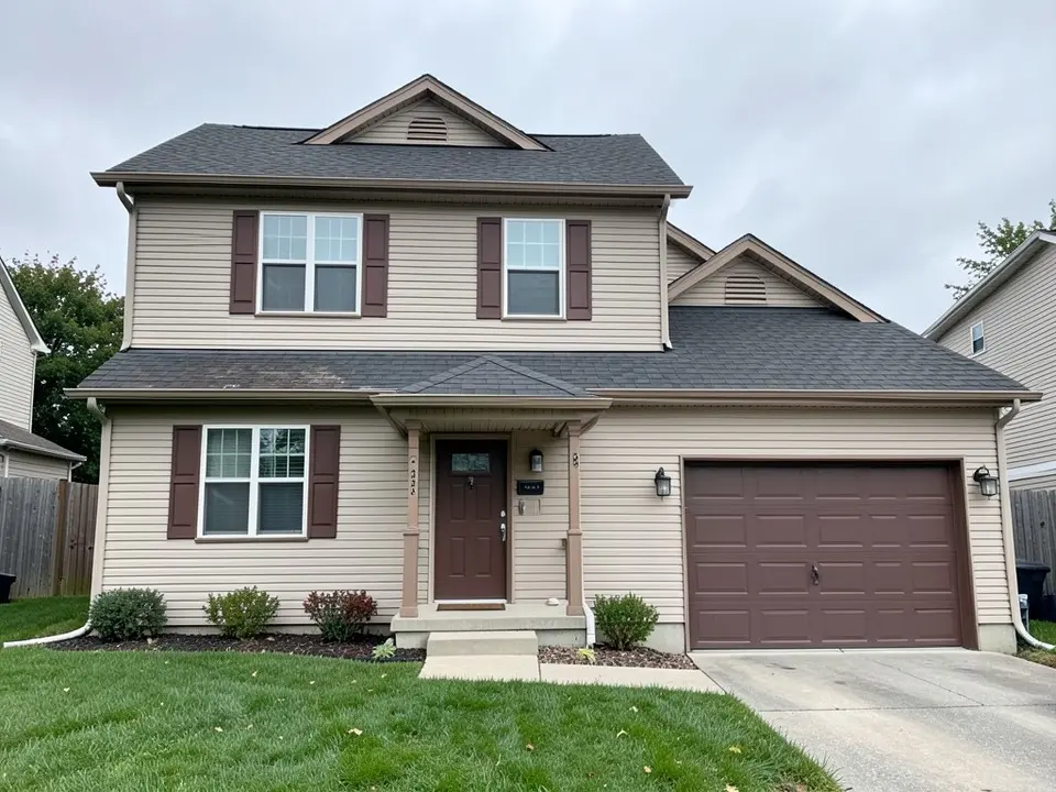 AI-drawn generic stand-in of a two-story suburban house with beige horizontal vinyl siding, brown shutters, a brown front door under a small porch, a brown garage door, a gray shingle roof and a green lawn