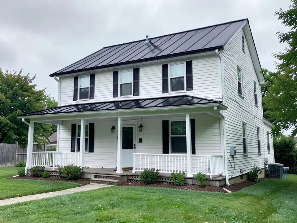 The same house with a black metal roof with raised seams on both the main roof and the porch roof; the white siding, black shutters, porch and lawn kept