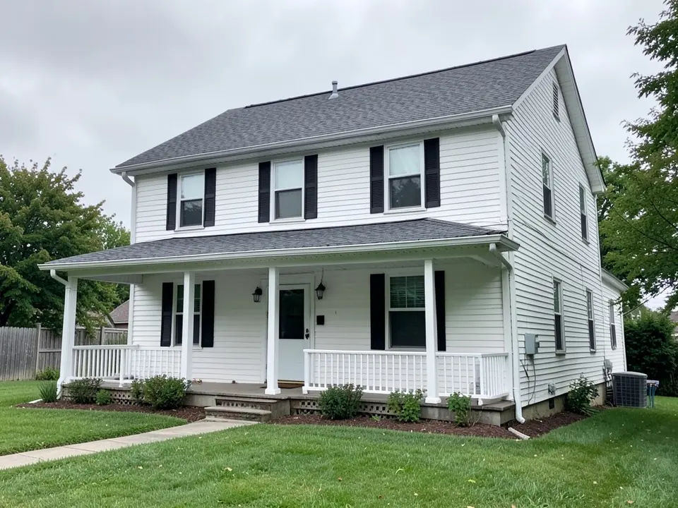 AI-drawn generic stand-in of a two-story white house with black shutters, a covered front porch with white posts and railing, a gray asphalt shingle roof and a green lawn