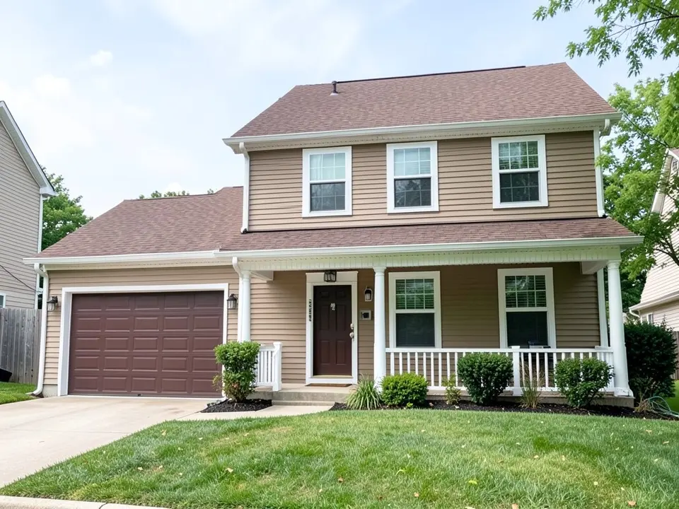 AI-drawn generic stand-in of a two-story house with tan horizontal siding, a covered front porch with white columns and railing, white trim, a dark brown front door, a brown garage door on the left and a brown shingle roof