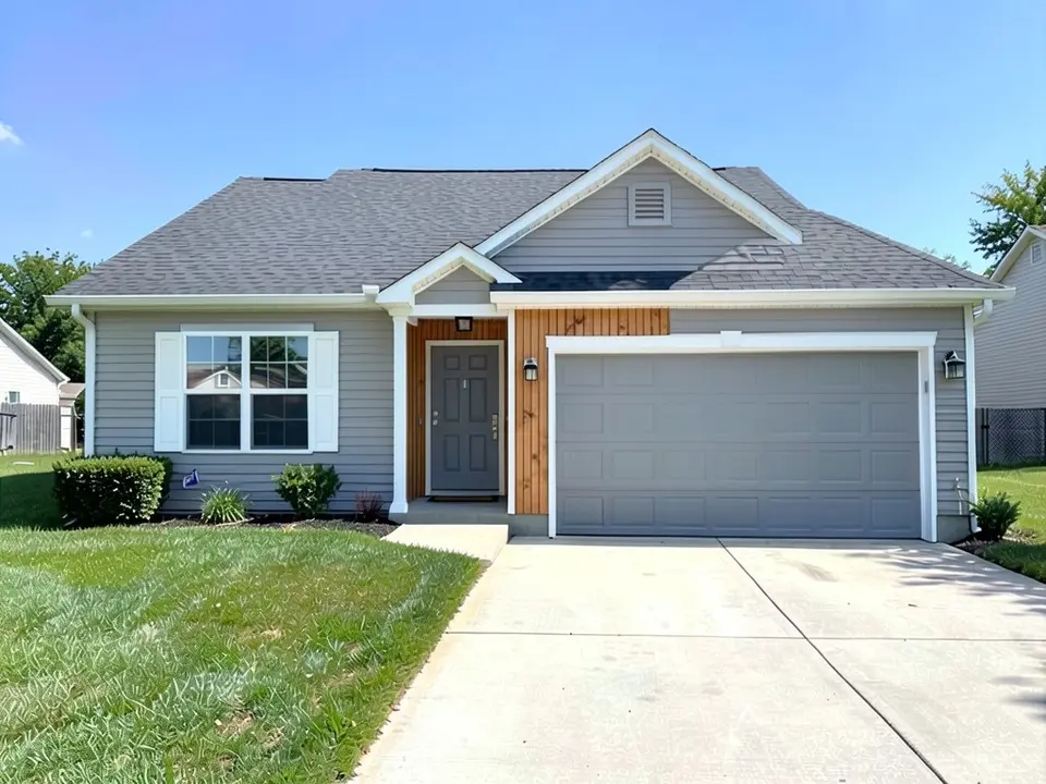 The same house with an orange-brown vertical wood strip around the front door and a patch of the same wood on the wall above the left side of the garage door; everything else gray