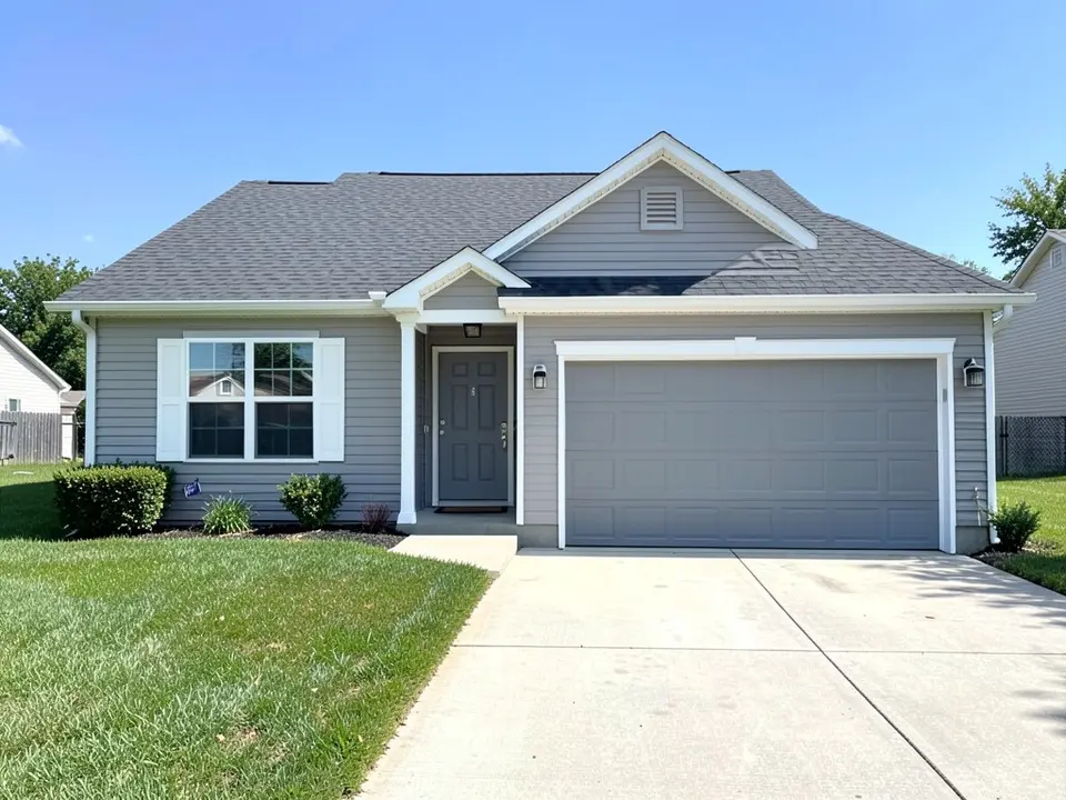 AI-drawn generic stand-in of a one-story house with light gray siding, white shutters and trim, a gray front door, a gray garage door and a gray shingle roof