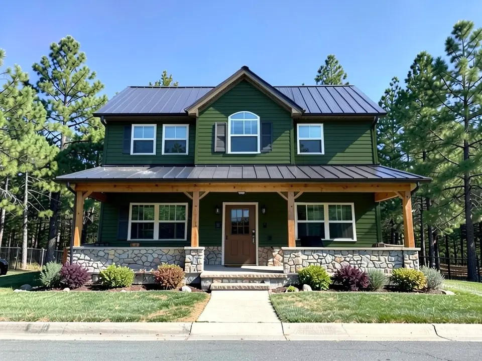 The same home with dark olive green siding; stone base, wood porch posts and metal roof kept