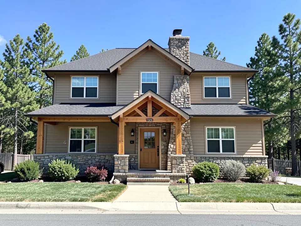 AI-drawn generic stand-in of a two-story mountain home with tan siding, a natural wood timber gable over the entry, stone columns and chimney, a dark roof and pine trees behind it