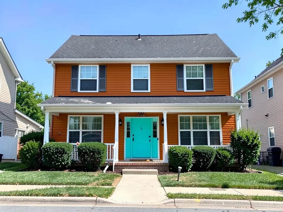 The same house with burnt orange siding and a bright teal front door; white trim, porch, dark shutters and roof kept