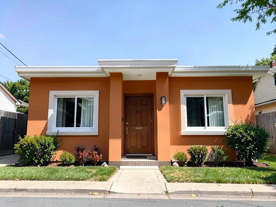 The same house with terracotta orange stucco walls and entry pillars; white window trim, wooden door and roof edge kept
