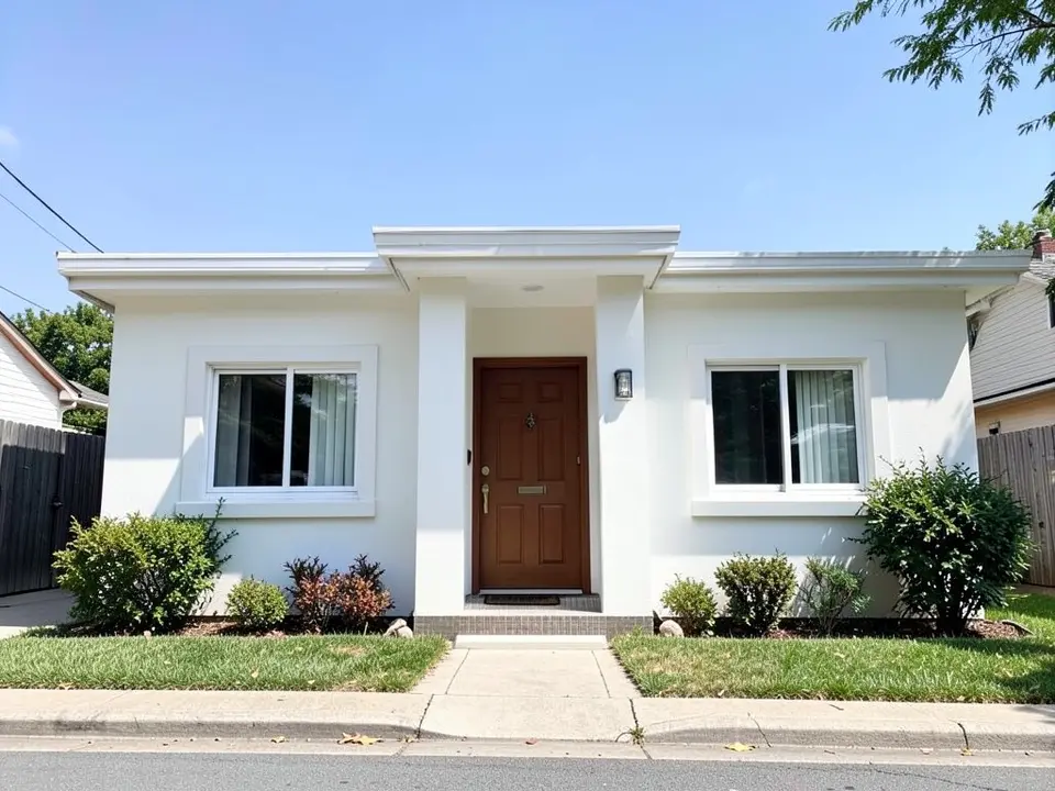 AI-drawn generic stand-in of a one-story house with smooth white stucco walls, white window trim, a brown wooden front door and a low white roof edge