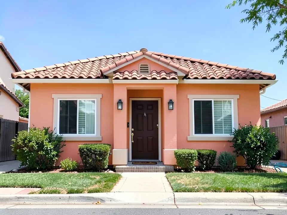 The same house with warm peachy coral stucco; white trim, brown door and tile roof kept
