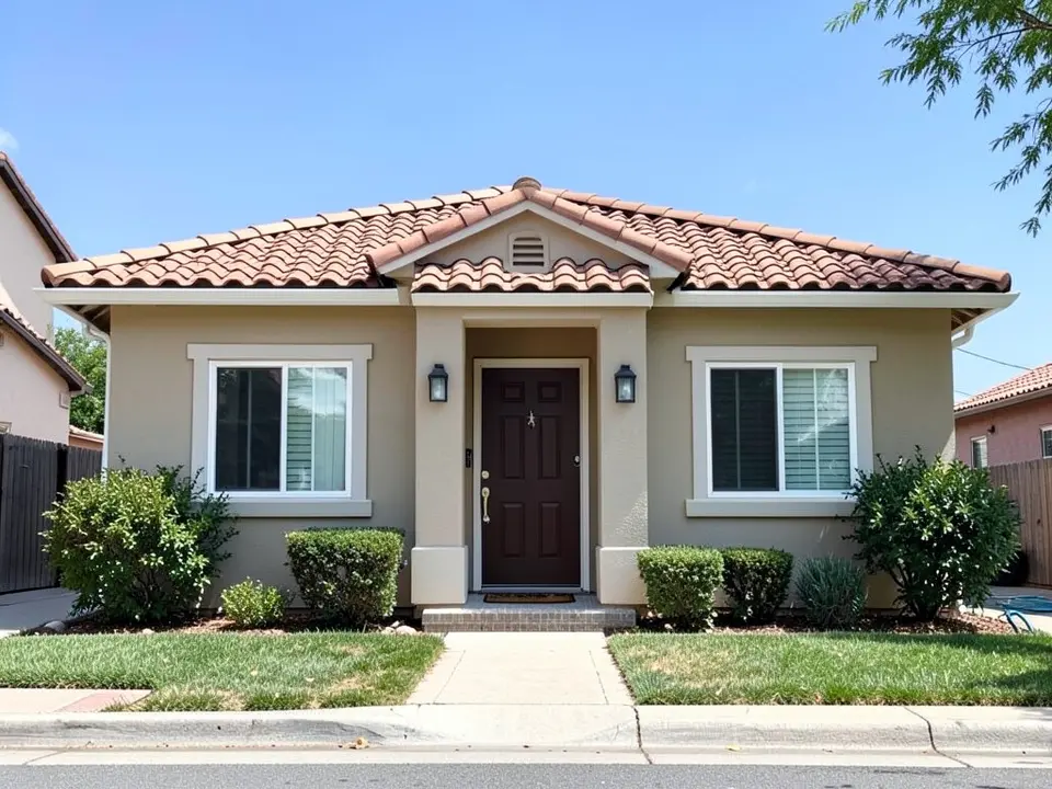 AI-drawn generic stand-in of a one-story stucco house with beige walls, white window trim, a dark brown front door and a terracotta tile roof