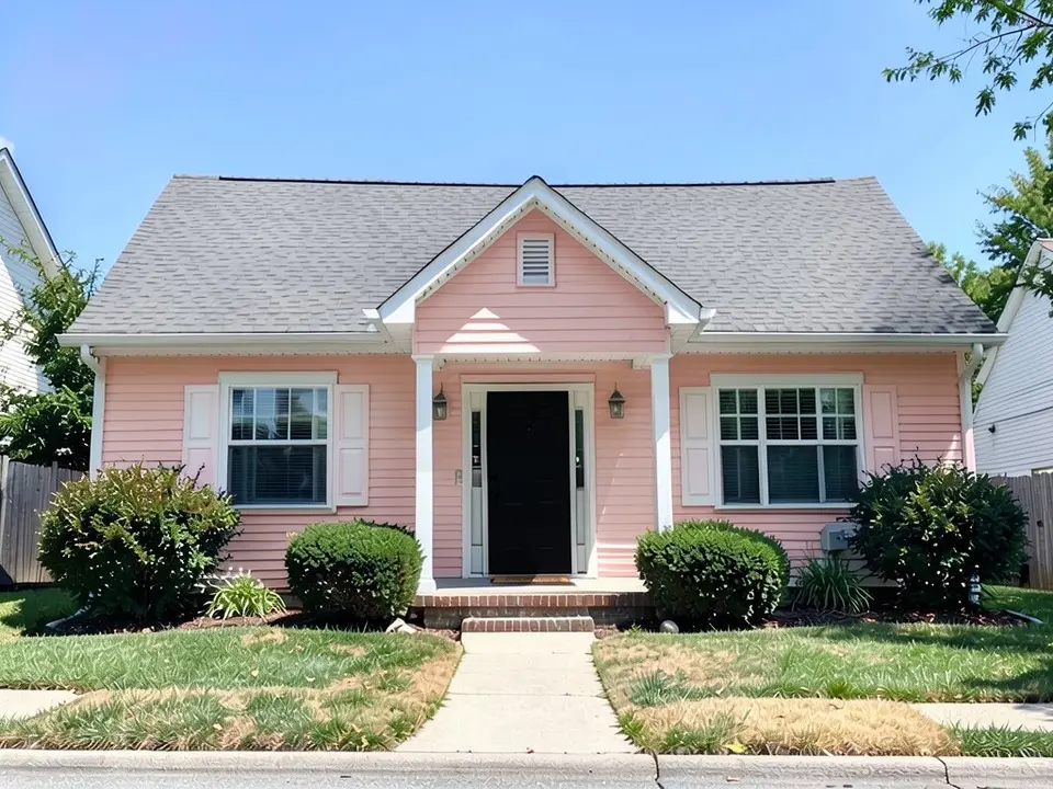 The same house with soft blush pink siding and a black front door; white trim and shutters kept