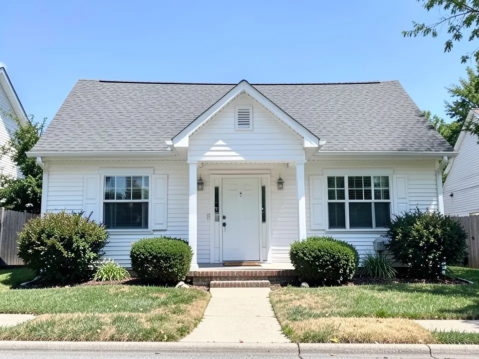 AI-drawn generic stand-in of a one-story ranch house with white siding, white shutters, white trim, a white front door, a small front gable and a gray shingle roof