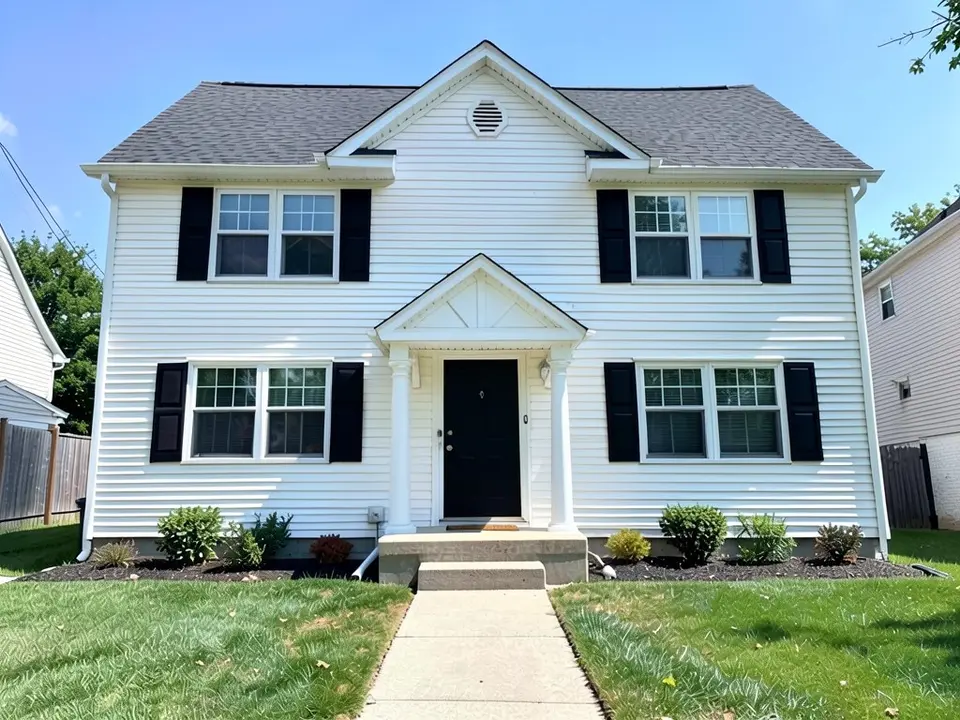 The same house with a gabled portico over the door: a white triangular pediment on two round white columns standing on the stoop; siding, shutters, windows and roof kept