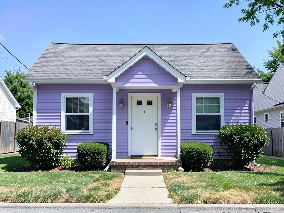 The same cottage with soft lavender siding; white trim and white door kept