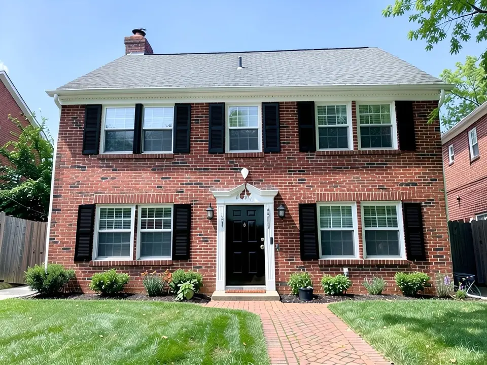The same house with black shutters and a black front door; red brick, white trim and roof kept