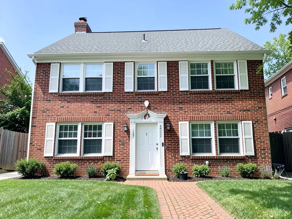 AI-drawn generic stand-in of a two-story traditional house with red brick walls, white window trim, white shutters on every front window, a white front door and a gray shingle roof