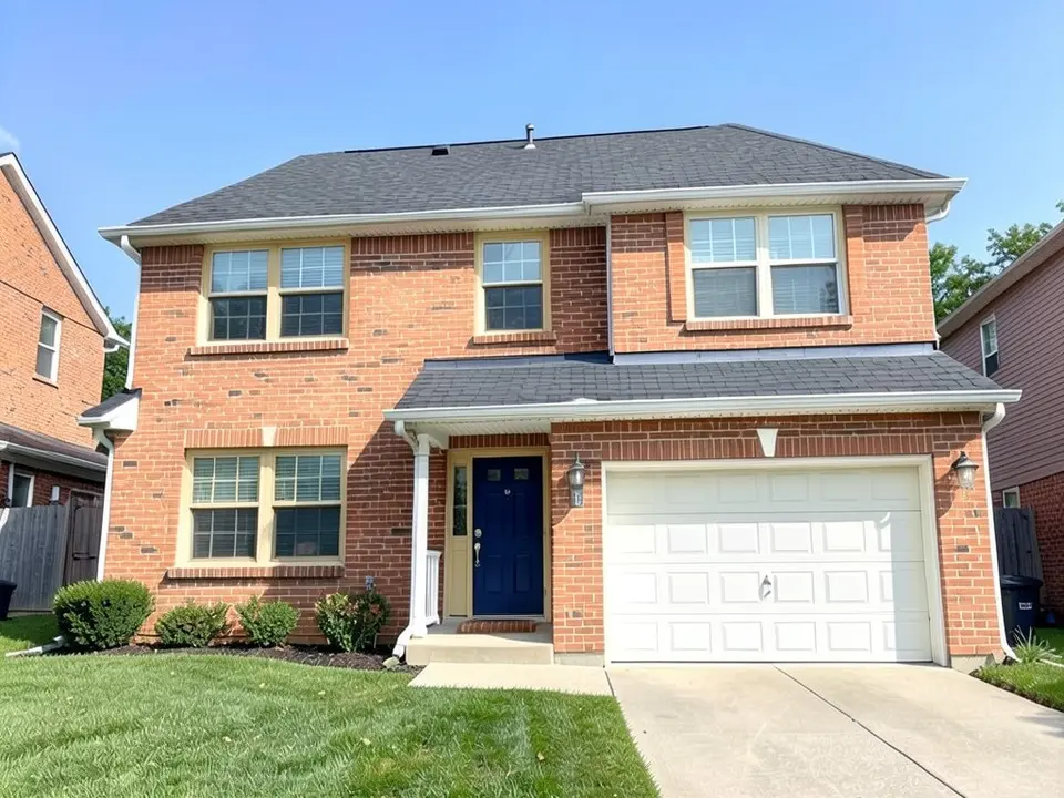 The same house with a navy front door and cream window trim; the red-orange brick, white garage door and roof kept