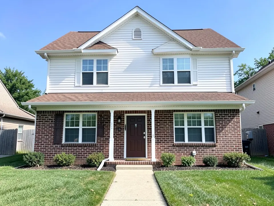 AI-drawn generic stand-in of a two-story house with dark red-brown brick on the ground floor, white horizontal siding on the upper floor and front gable, white trim, a dark brown front door and a brown shingle roof