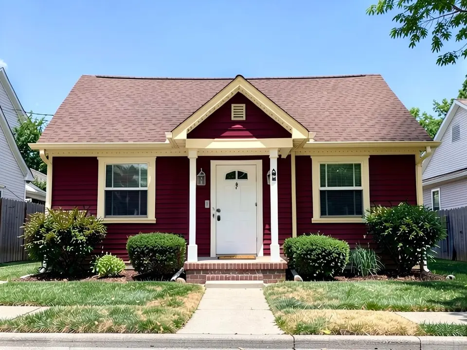 The same bungalow with deep cranberry red siding and pale yellow trim; white door and white porch columns kept