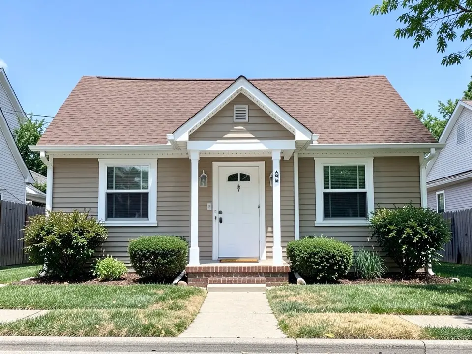 AI-drawn generic stand-in of a one-story bungalow with beige siding, white trim, a small front porch with white columns, a white front door and a brown shingle roof