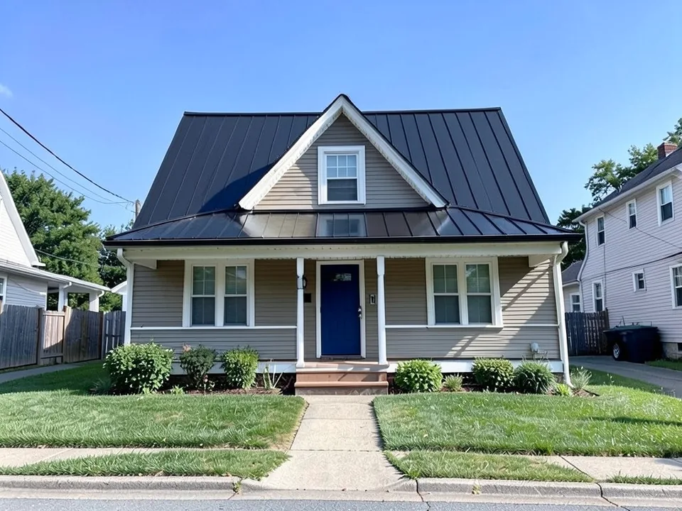 The same house with a black standing-seam metal roof, warm greige siding, white trim and a navy blue front door; dormer, windows and porch kept