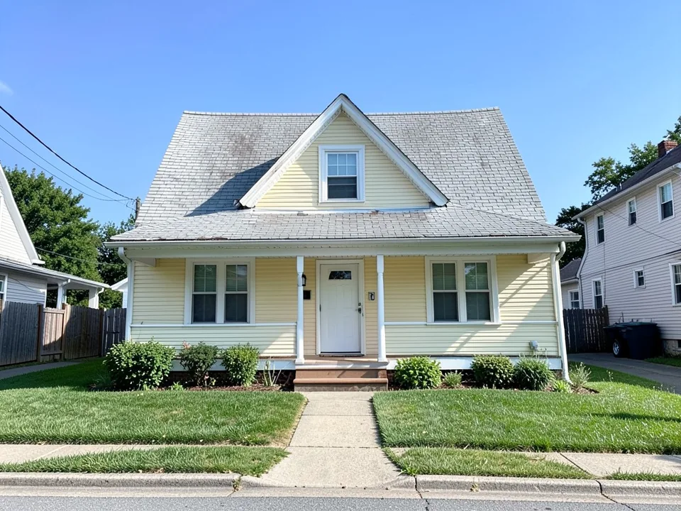 AI-drawn generic stand-in of a one-and-a-half story house with a weathered light gray shingle roof, pale yellow siding, white trim, a front dormer and a small front porch