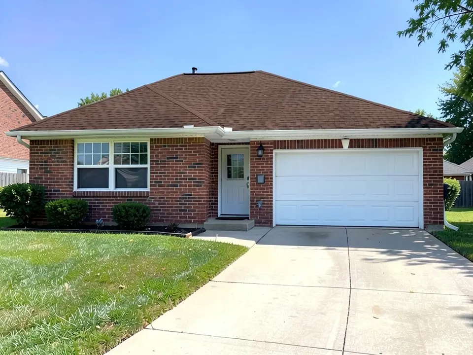 The same house with a medium reddish-brown roof; red brick walls, white window, door and garage door kept