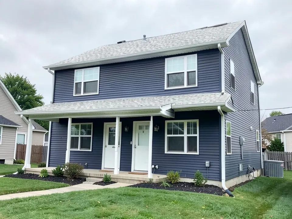 The same house with a light weathered gray roof on the main roof and the porch roof; blue siding, white trim, doors and porch kept