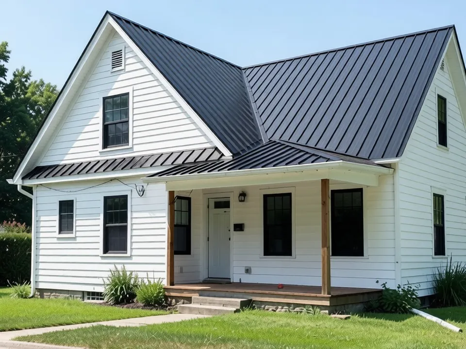 The same farmhouse with a matte black standing seam metal roof on the main roof and the porch roof