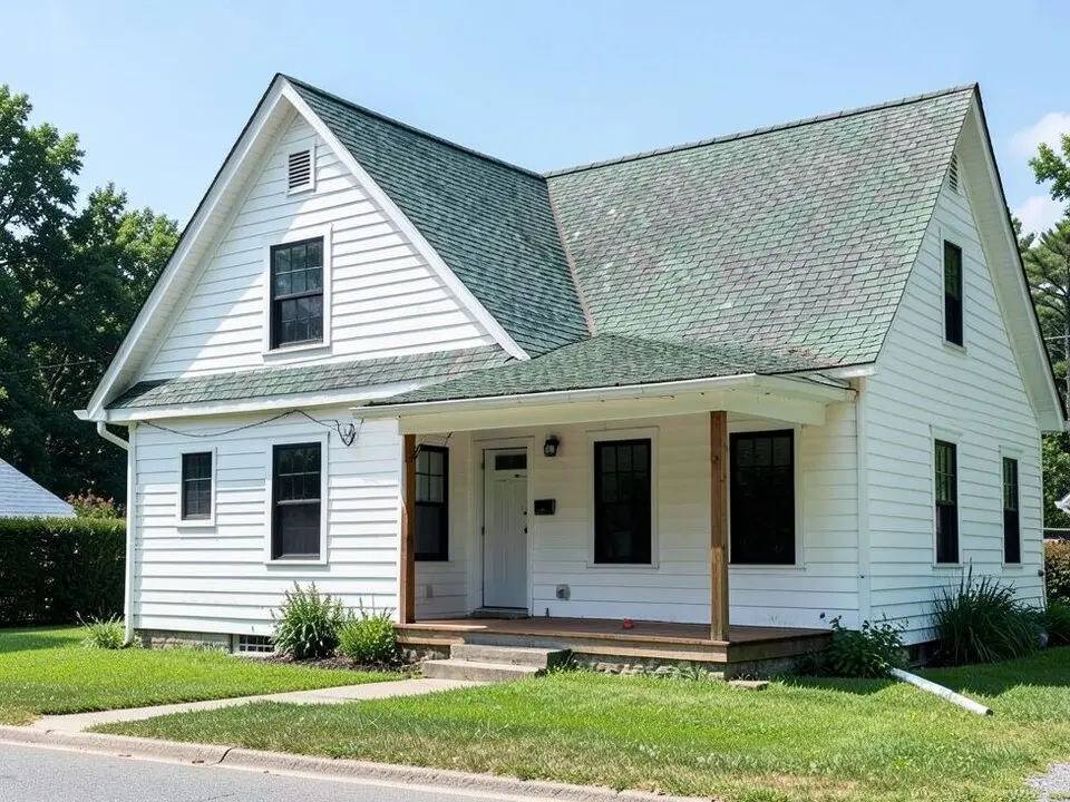 White farmhouse-style house with a front porch, black windows and a weathered gray-green asphalt shingle roof