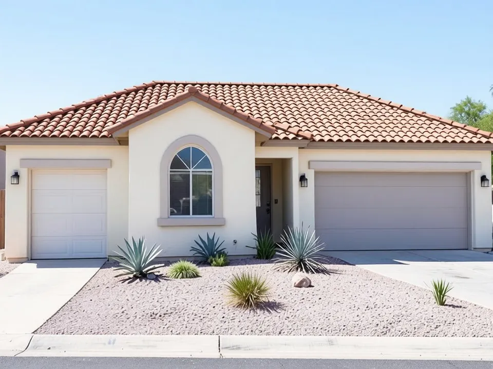 The same stucco house with a warm terracotta clay barrel tile roof