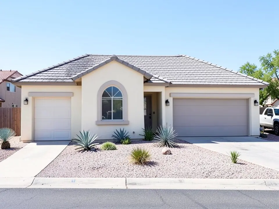 Single-story cream stucco house with an arched window, two garage doors and a faded gray flat concrete tile roof