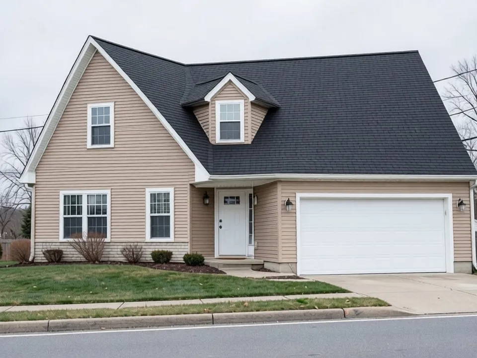 The same house with a new dark charcoal gray architectural shingle roof; siding, windows and garage door unchanged