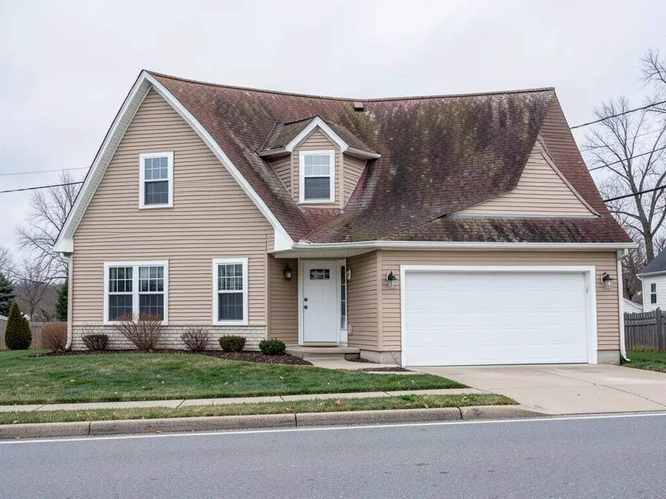 Story-and-a-half house with a front dormer, tan vinyl siding, white trim and a white garage door under an old, stained brown asphalt shingle roof