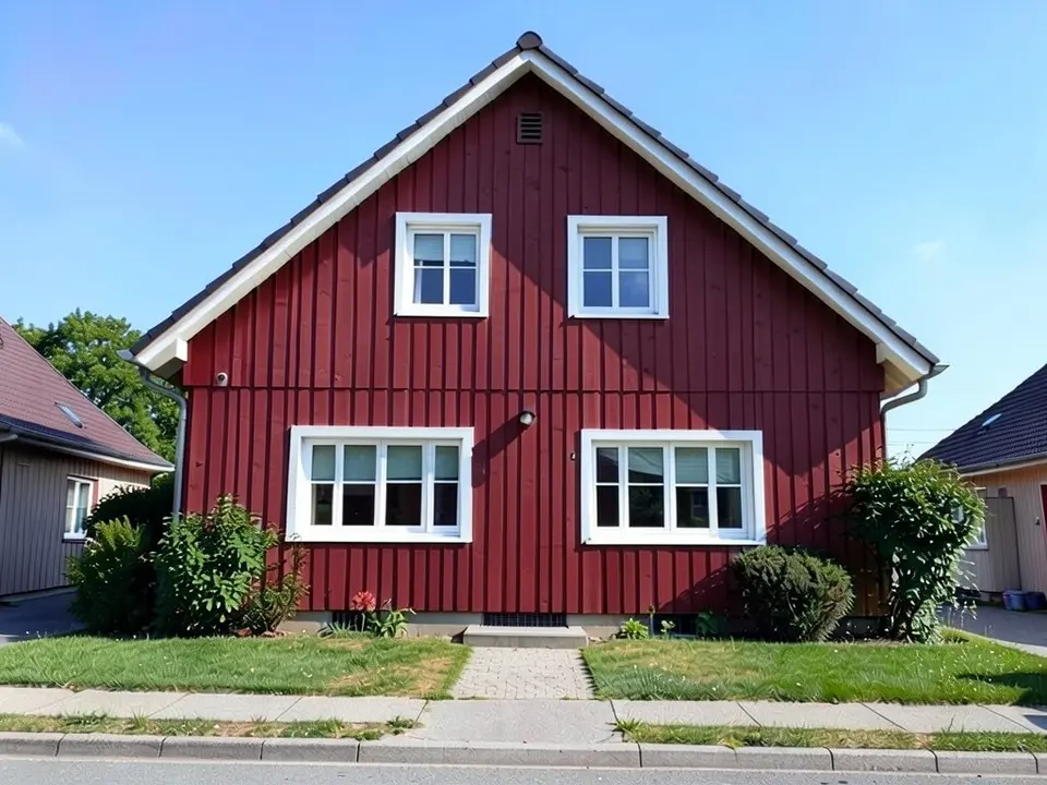 The same house with deep traditional red cladding; white window frames and roof kept