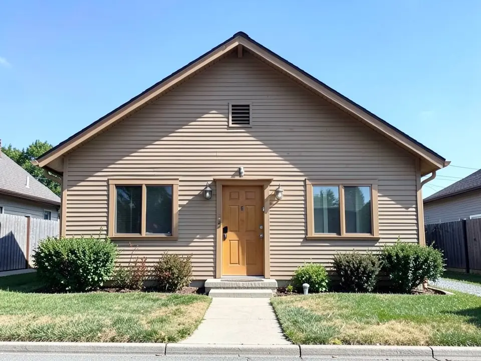 AI-drawn generic stand-in of a simple one-story gabled house with tan horizontal siding, brown window frames, a wooden front door and a dark roof
