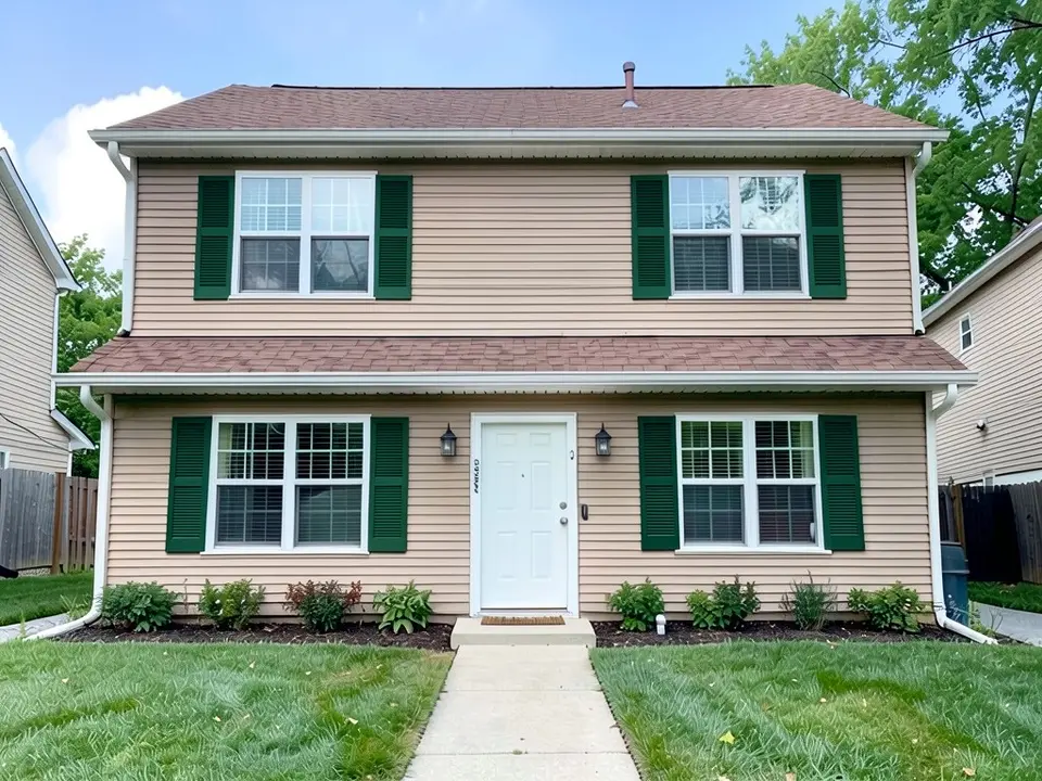 The same house with dark forest green shutters; siding, trim, door and roof kept