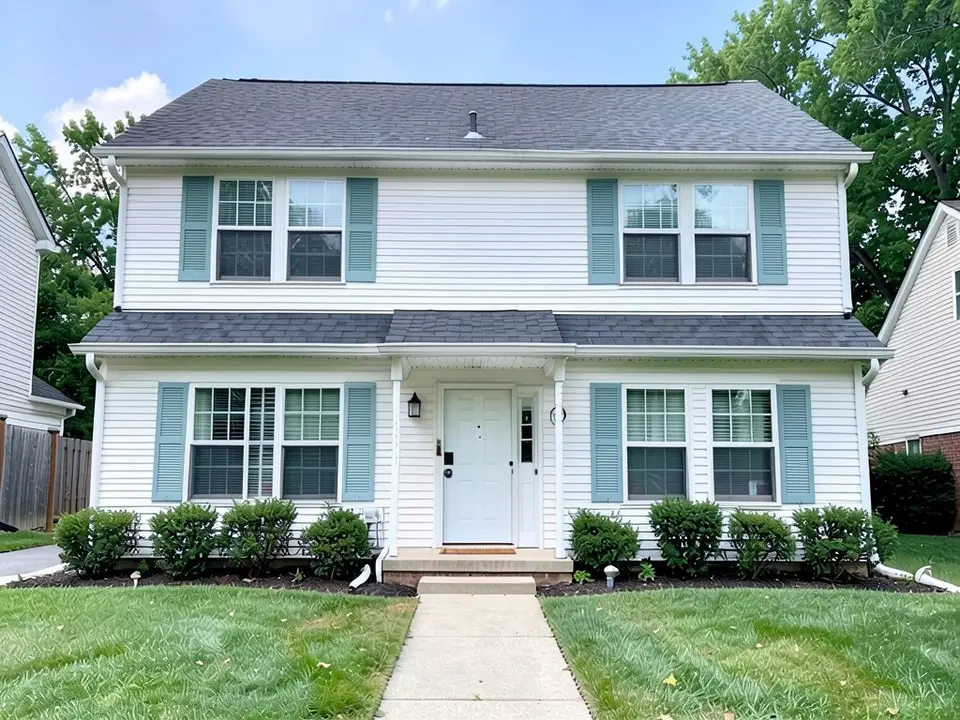 The same house with dusty blue-green shutters; siding, trim, door and roof kept