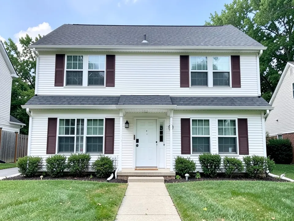 AI-drawn generic stand-in of a two-story white vinyl-sided house with dark reddish-brown louvered shutters on the four front windows, a pale blue-white front door and a dark gray roof