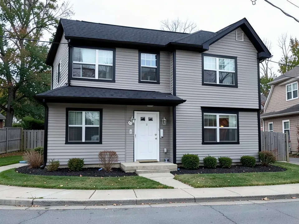 The same house with medium gray siding and black window trim, corner boards and garage trim; the black roof and white door kept
