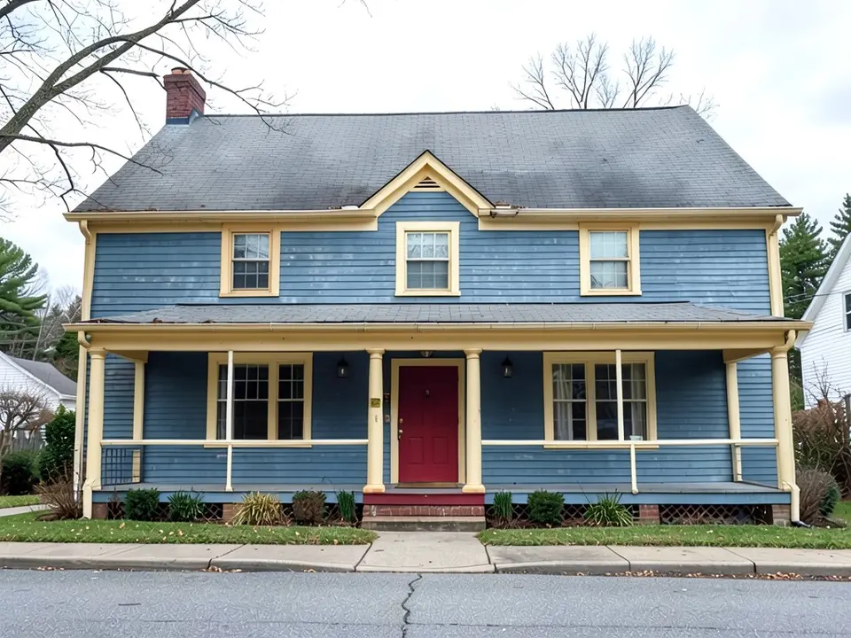 The same house with dusty blue siding and bright yellow trim, with yellow porch columns and rails; the gray roof and red door kept