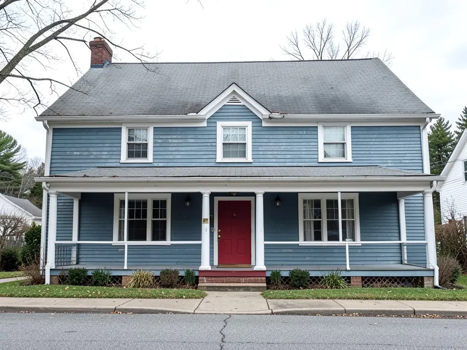 AI-drawn generic stand-in of a colonial house with dusty blue lap siding, white trim, a gray roof and a red front door