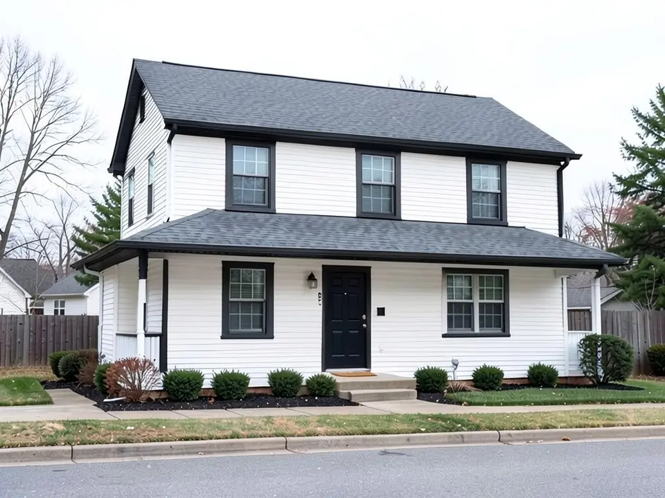 The same house with white siding and black trim, window frames, fascia and porch posts; the black door kept