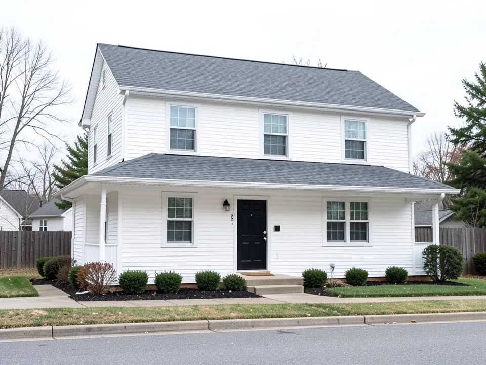 AI-drawn generic stand-in of a two-story house with white lap siding, white trim, a gray roof and a black front door