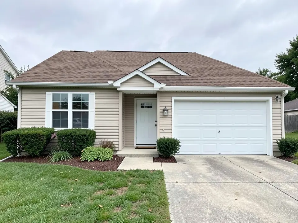 AI-drawn generic stand-in of a one-story ranch house with beige horizontal vinyl siding, white trim, a white front door, an attached garage with a white garage door and a brown shingle roof